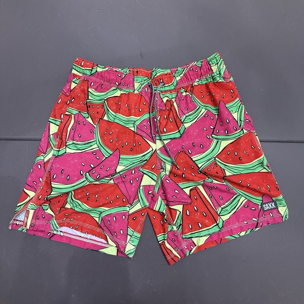 SAXX Oh Buoy 2 n 1 Swim Trunks Watermelon AOP Bright Lined Shorts 7" Men's L